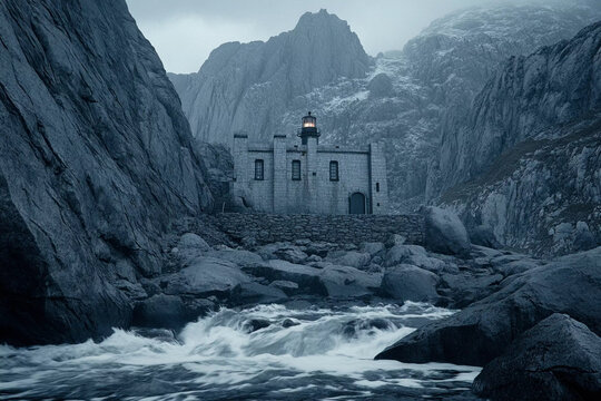 Lighthouse stands guard at waters edge in a rocky, mountain valley under overcast skies