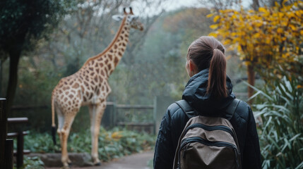 Young girl watching a giraffe at the zoo on a cloudy day