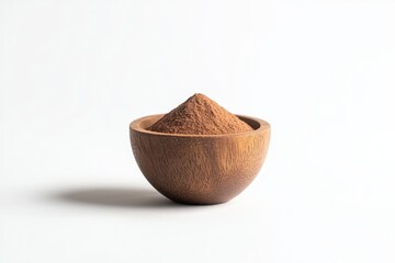 Aromatic powder in wooden bowl isolated against white background showcasing raw ingredient and minimalist aesthetic