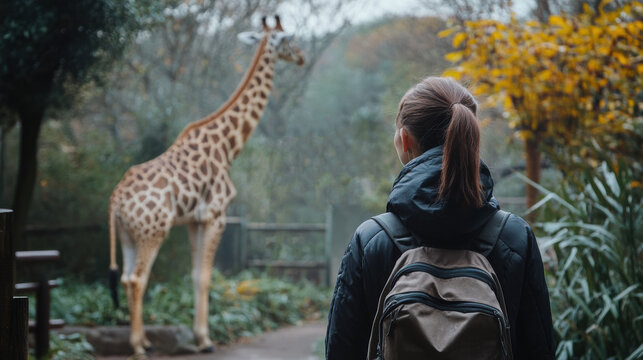 Young girl watching a giraffe at the zoo on a cloudy day