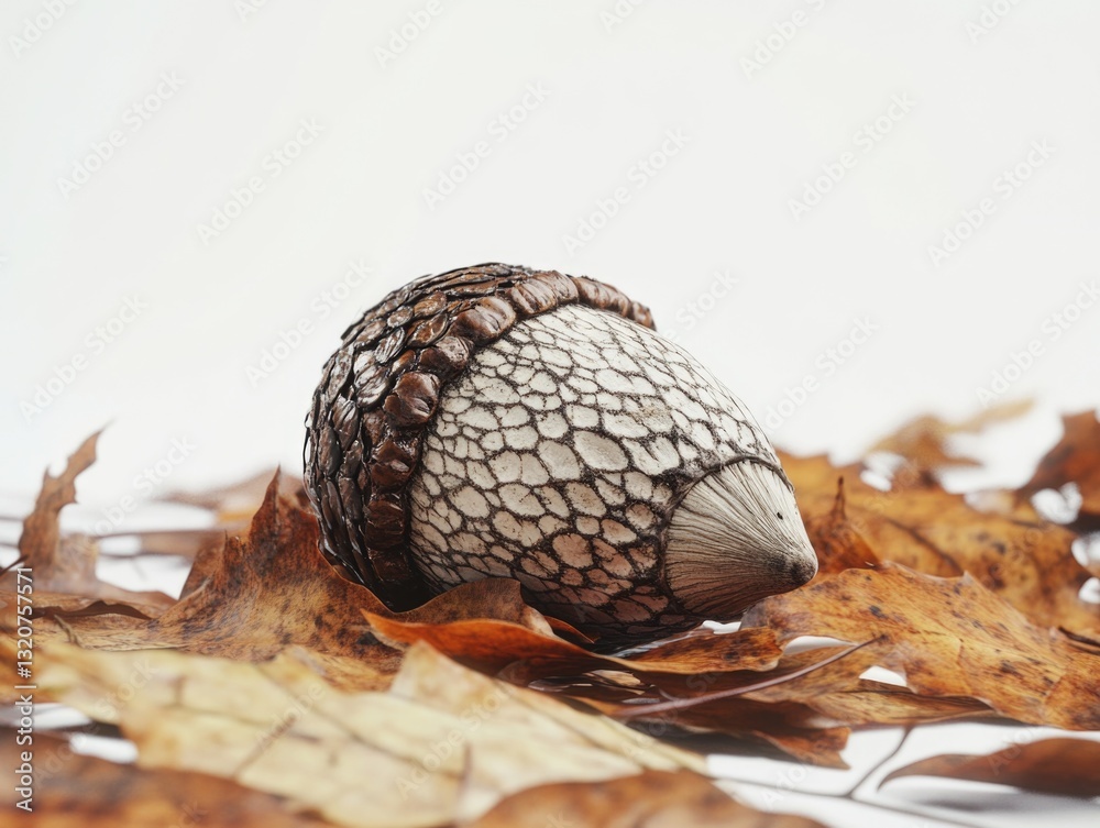 Poster a close-up view of an animal's shell surrounded by a pile of leaves