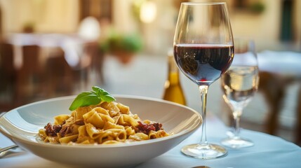 Indulge in a delightful spread of fresh pasta adorned with savory ingredients, complemented by a glass of red wine, all set in a charming Italian trattoria during sunset