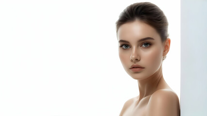 Fototapeta premium Elegant Serenity in Light: A Young Woman Poses Under Softbox at 45 Degrees, Framed on the Right Third with Blur for Wellness Ad Sophistication