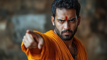 Strongly expressive man wearing orange attire gestures assertively while conveying a message indoors at a cultural event