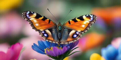 Fototapeta premium Colorful butterfly resting on a vibrant flower in a lush garden during spring season