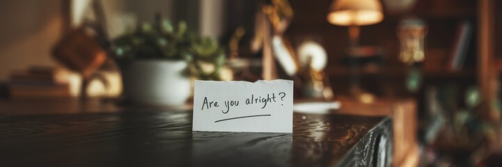 A heartfelt message of care: 'Are you alright?' written on a note, resting on a wooden surface in a dimly lit room, surrounded by blurred home decor.