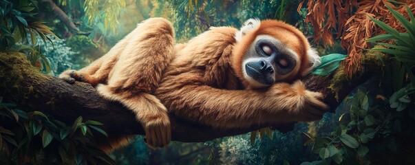 A sleeping ape is resting on a tree branch peacefully