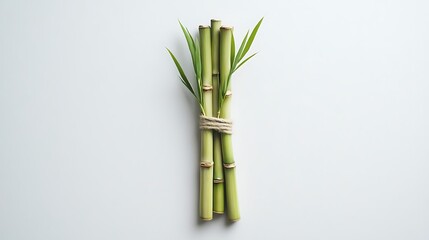 Fototapeta premium Green bamboo stalks tied with twine and leaves