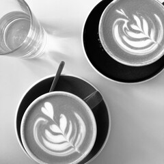 Black and White Closeup of Two Cups of Flat White Coffee with Latte Art. Cafe Still Life.
