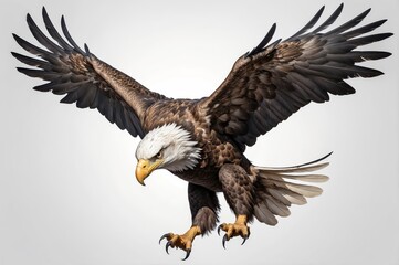 Fototapeta premium Majestic bald eagle in flight, talons extended, preparing to land.