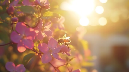 Obraz premium Golden sunlight illuminates a bee on pink blossoms