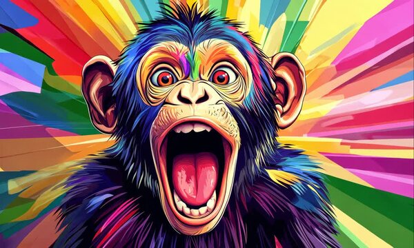 crazy monkey on colorful vibrant background illustrated animation