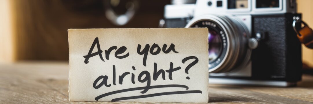 Vintage Camera and Note: 'Are you alright?' A poignant image questioning well-being, captured in a warm, inviting setting.