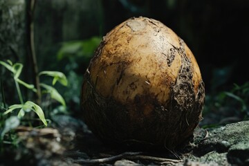 A large brown ball sits atop the forest floor, surrounded by lush foliage and natural textures