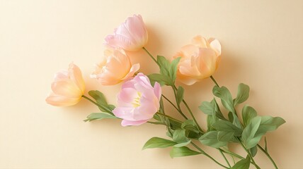 Fototapeta premium Peach And Pink Artificial Flowers On Beige Background