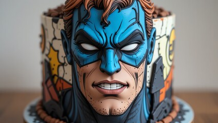 A vibrant, artistic superhero cake featuring intricate designs and colorful frosting, perfect for celebrations.