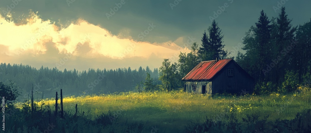 Aufkleber A single-story house surrounded by open fields and backed by tall trees