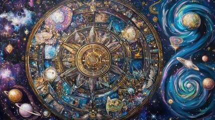 A beautifully detailed zodiac wheel surrounded by astrological symbols and swirling galaxies.