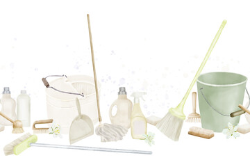 Mop with dustpan and plastic bucket, bottle of detergent and brushes. Seamless border. Watercolor digital illustration. Set of household tools for cleaning in the house isolated on white background.