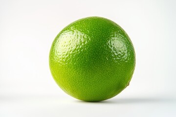Vibrant close up of a fresh lime fruit on a clean white background showcasing its bright green hue