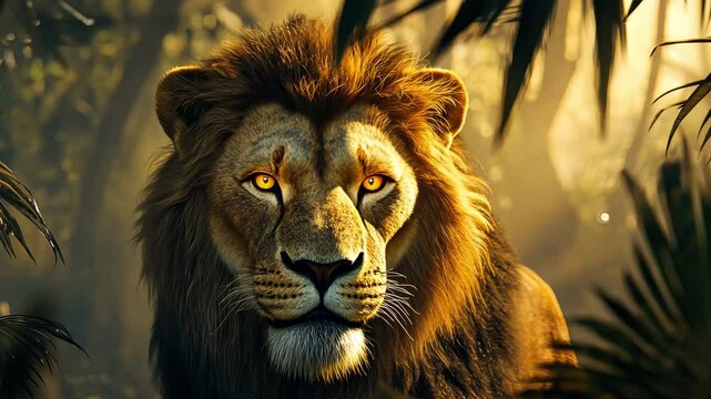 Majestic golden lion portrait with intense gaze among dense foliage