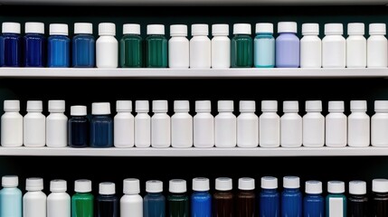 Close-Up Perspective of Organized Bottles on a Shelf Showcasing Various Colors and Sizes