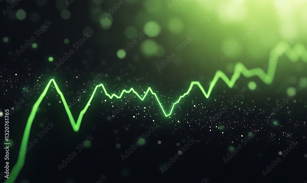 Poster Abstract green line graph with shimmering particles and a soft glowing background.