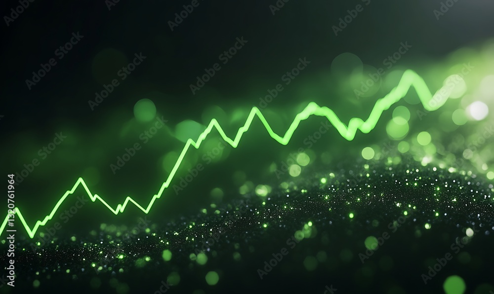 Poster Abstract green waveform with sparkling debris in a digital environment.