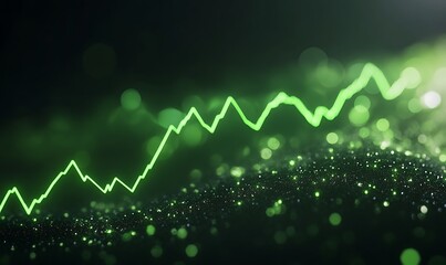 Abstract green waveform with sparkling debris in a digital environment.