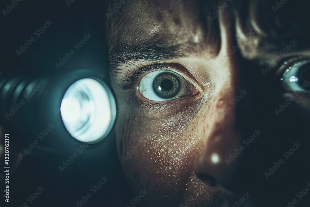 Poster close-up shot of a person holding a flashlight in their hand, possibly used for search and rescue or