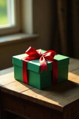 Obraz premium A thoughtfully wrapped green gift box with a vibrant red ribbon sits on a rustic wooden surface, bathed in warm sunlight streaming through a nearby window.