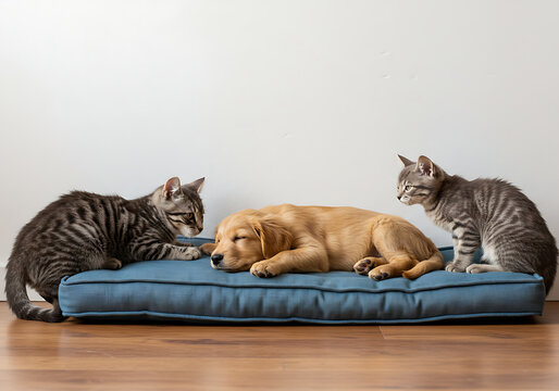 Gatos que quieren despertar a un retriever dormido. Perros y gatos.