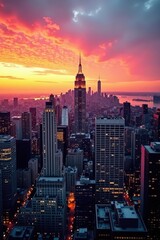 Obraz premium Aerial view, NYC buildings bathed in sunset hues, hudson river, picture