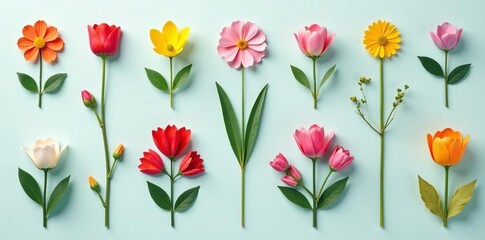 Minimalist flat lay of various spring flower icons, delicate, graphic, botanical