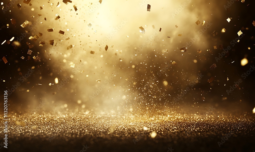 Poster golden particles swirl in a dramatic explosion of light and dust.
