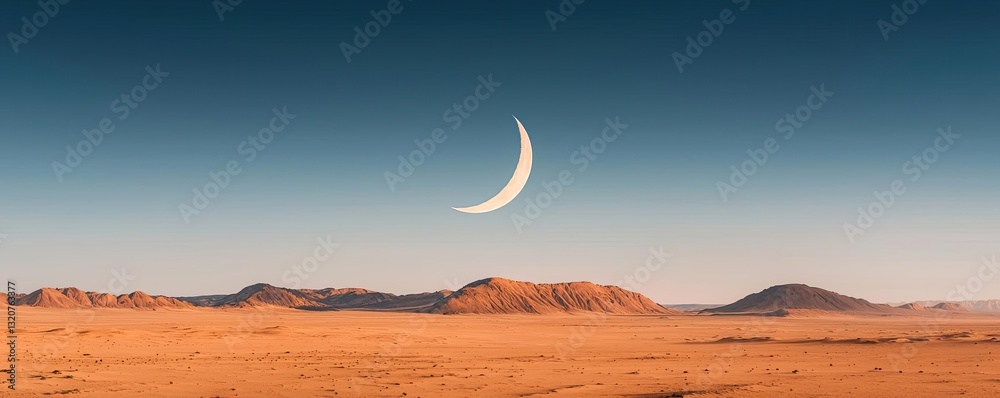 Aufkleber dark sky concept. a serene desert landscape featuring a crescent moon in a clear sky.