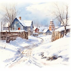 Fototapeta premium A serene landscape watercolor of a village covered in snow, with wooden houses, a winding path and a distant church tower. This watercolor captures the peaceful charm of winter in the countryside