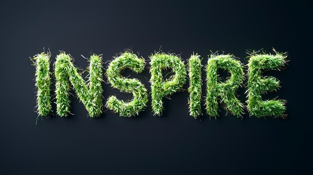 The word 'INSPIRE' crafted from vibrant green grass against a dark background.