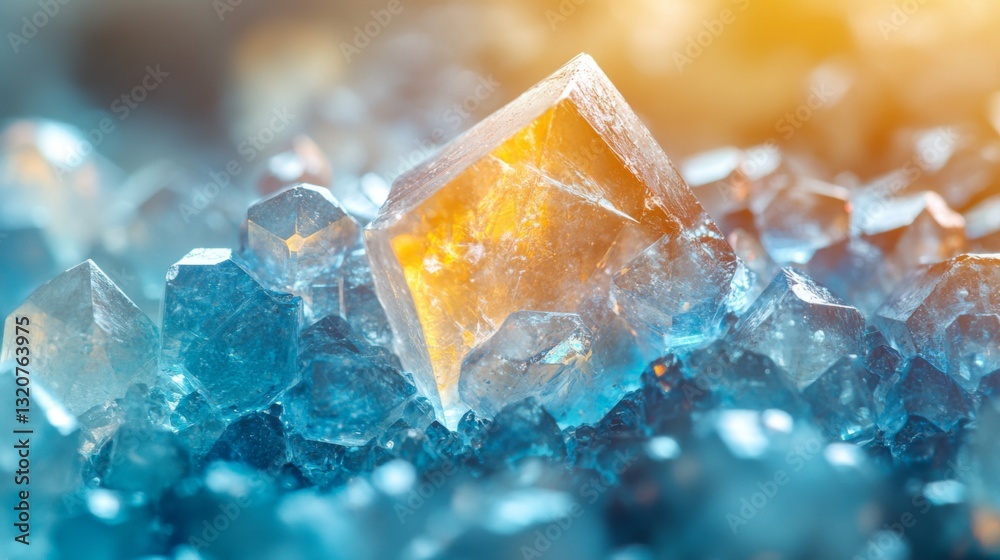Aufkleber Brightly colored crystals are illuminated in a factory setting while workers focus on the automated processes of petrochemical synthesis and refinement.