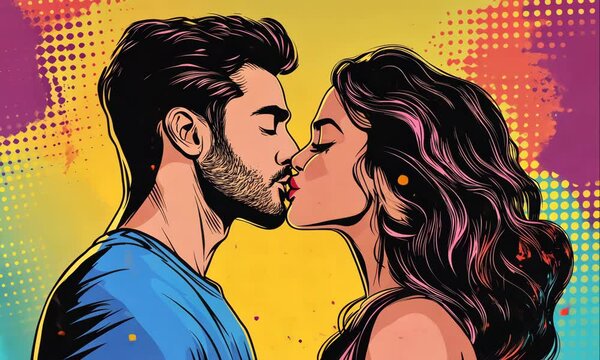 romantic kiss between man and woman colorful illustrated animation