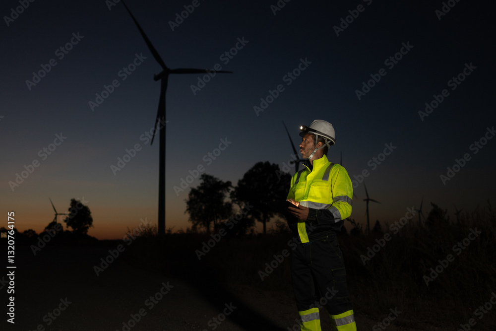 Aufkleber Engineer man working with tablet at windmill farm Generating electricity clean energy. Wind turbine farm generator by alternative green energy.