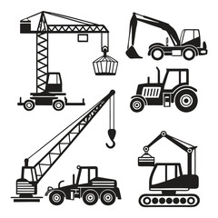 Black and White Construction Machinery Icons – Cranes, Forklifts, Winches, Lift Trucks, Heavy Equipment