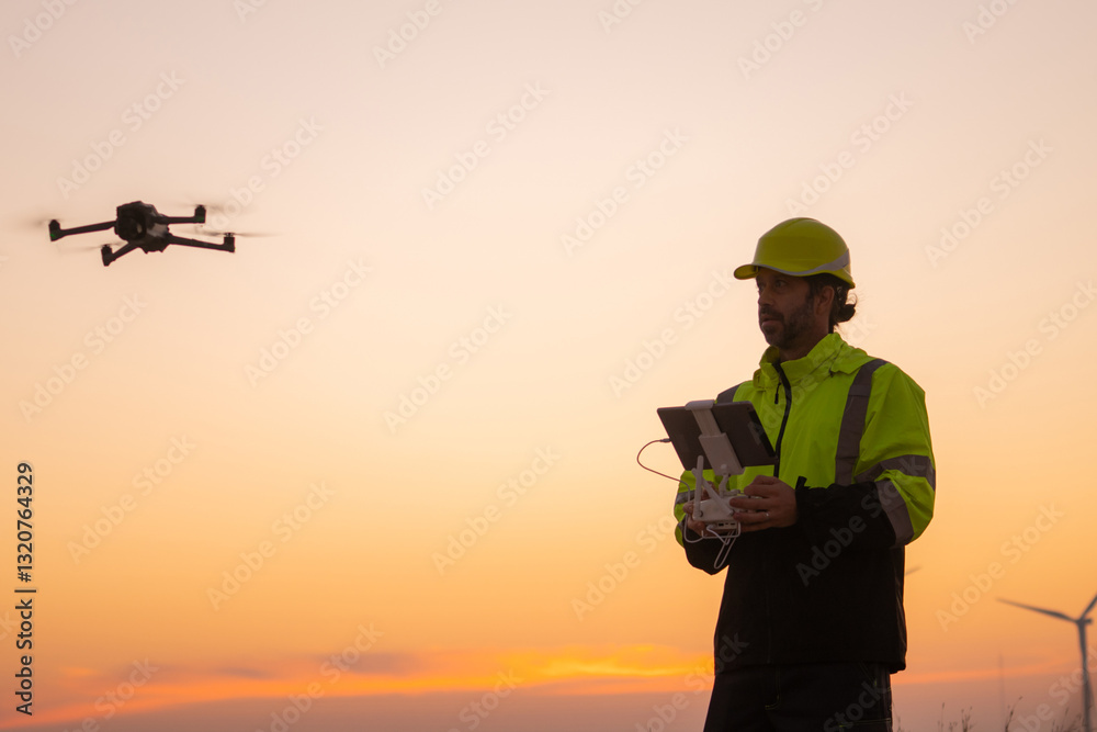 Aufkleber engineers male flying drone surveying and checking wind turbines from the high angle view of the fie