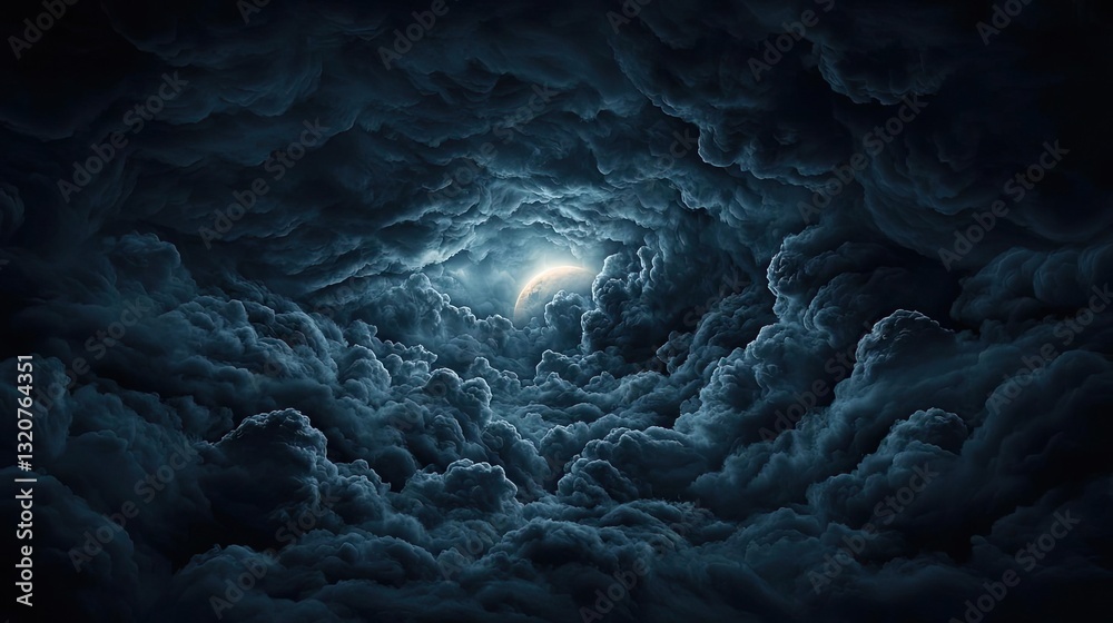 Poster dark sky concept. a dramatic view of dark clouds swirling in the night sky with a hint of light brea