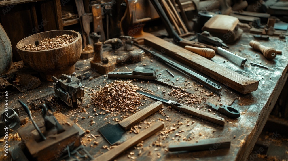 Poster a photograph of a workbench with multiple tools and equipment