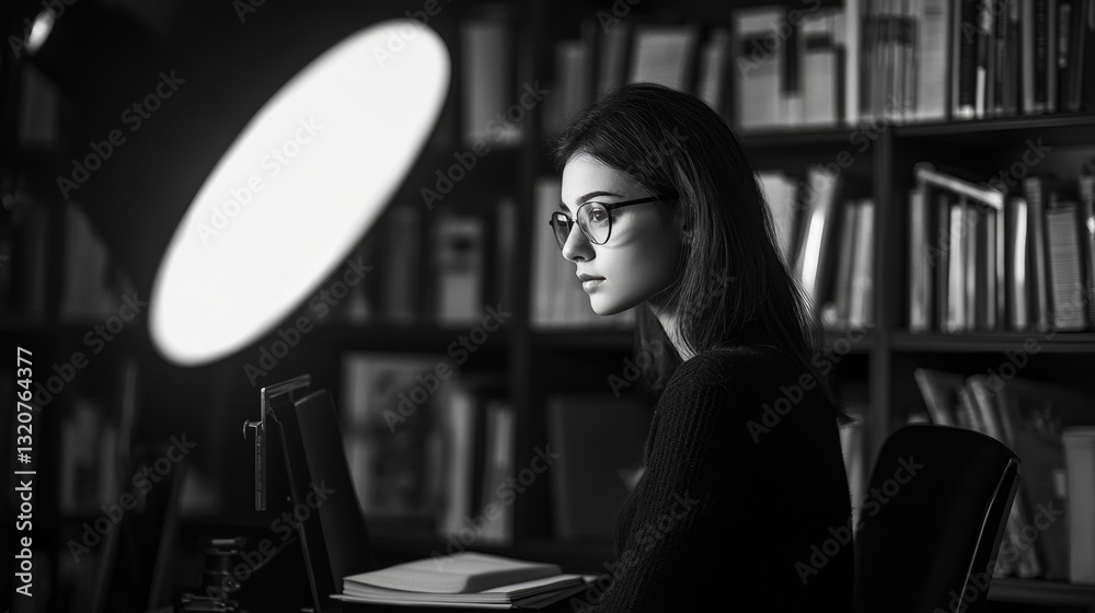 Poster student sitting at a computer in a quiet library setting, ideal for educational or research purposes