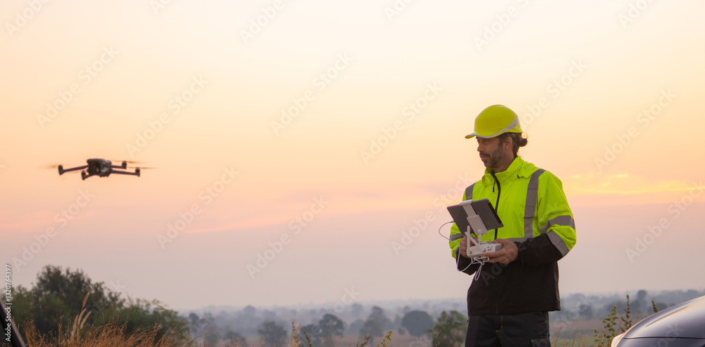 Poster engineers male flying drone surveying and checking wind turbines from the high angle view of the fie