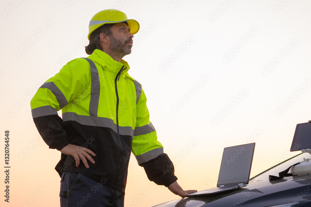 Aufkleber Engineer working on laptop in front of wind turbines for checking wind turbines of the field during beautiful sunset. Alternative energy concept.