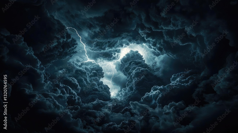 Poster dark sky concept. dramatic storm clouds illuminated by flashes of lightning against a dark sky.