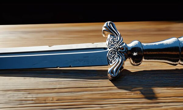 Silver dagger on wooden surface, dramatic lighting, dark background; historical, fantasy, or mystery setting
